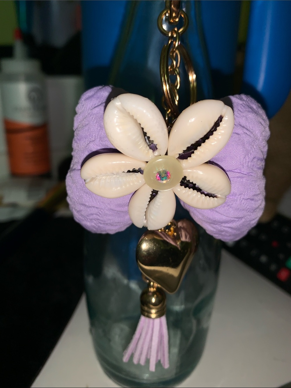 Handmade shell Bow purse/bag charm keychain with heart and tassel